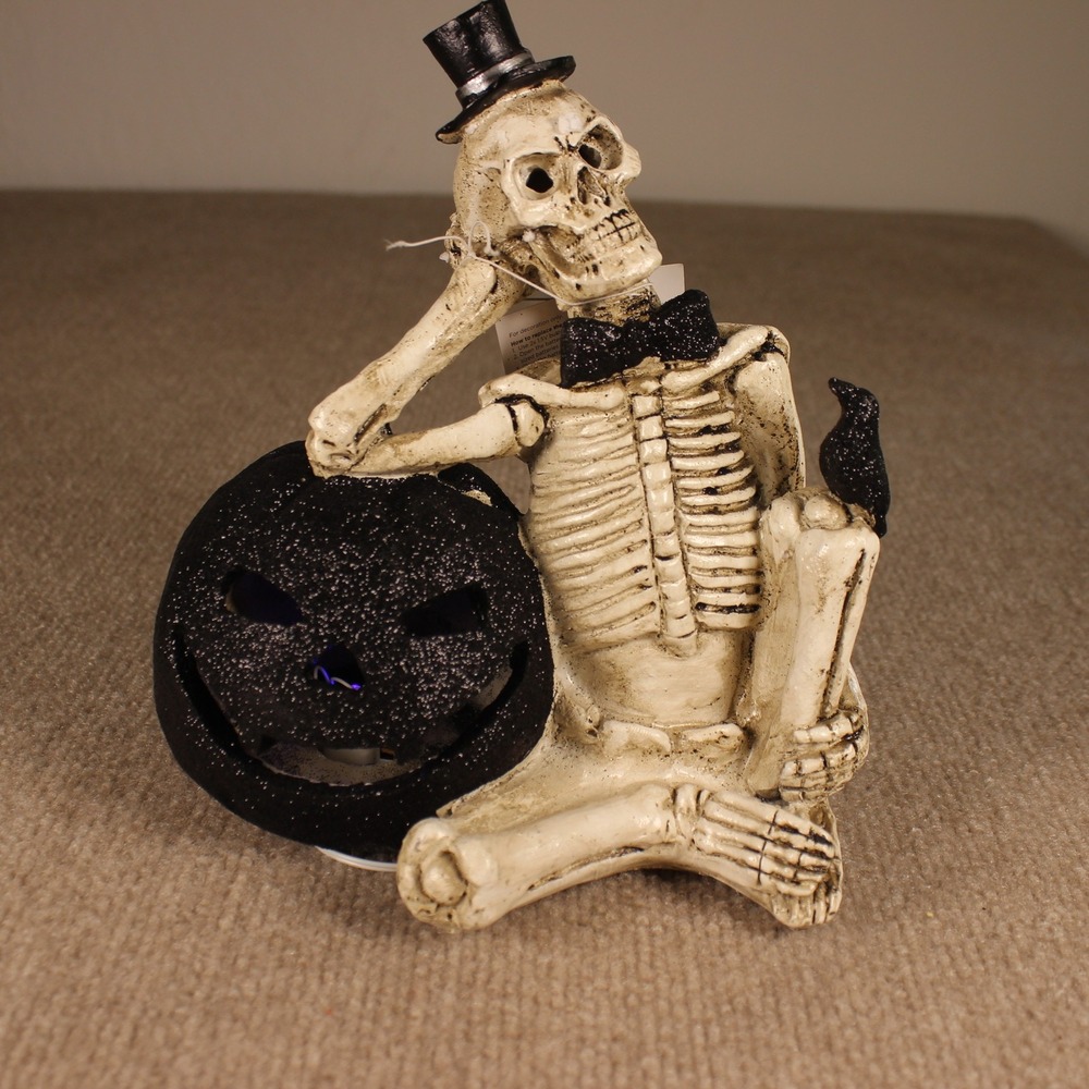 Halloween Skeleton Figurine Top Hat Glitter Pumpkin Light Up LED Decor 8.5in